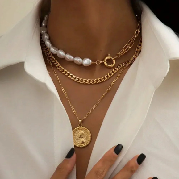 Curated by Megan Jewelry - Three Piece Gold Tone Stacking Necklace Set Faux Pearls - NEW